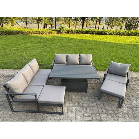 Fimous Garden Aluminium Furniture Set Dark Grey 9 Seater Outdoor Patio Adjustable Rising Lifting Dining Table with 2 Big Footstools Dark Grey (1/5)