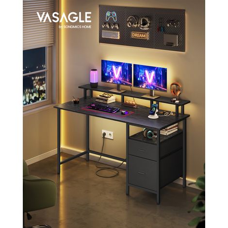 Vasagle – Bureau gaming noir avec lumières LED – 2 tiroirs, 2 ports USB – Support moniteur et rangement ouvert – Dimensions 55x135x90cm