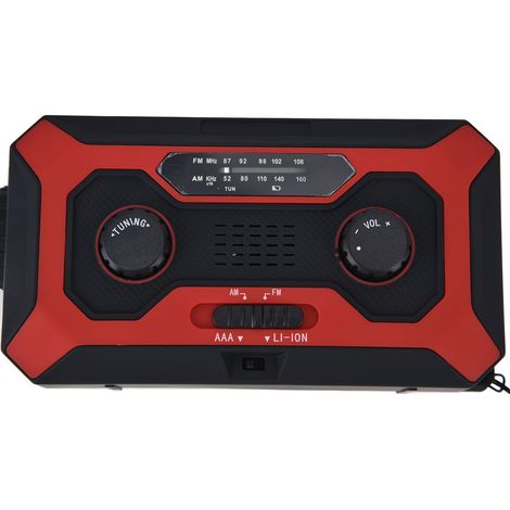 Radio météo d'urgence à manivelle avec commutation AM/AM, indicateur de batterie, lampe torche et batterie solaire pour le camping (version rouge UE).