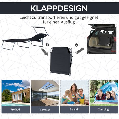 Transats pliants de jardin avec parasol, chaise longue à dossier réglable sur 4 positions, support jusqu'à 120 kg, pour jardin, balcon et piscine, 6 couleurs (Noir) (1/5)