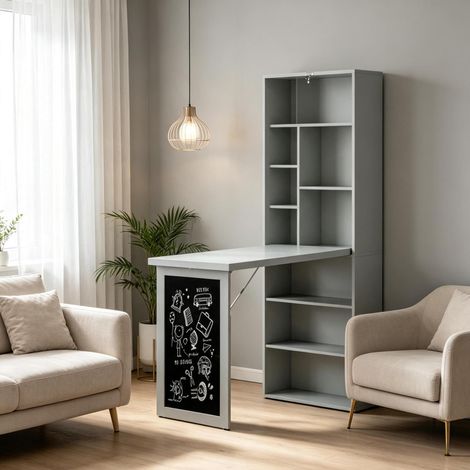 Bureau mural pliant 98x51x153 cm en MDF et pin gris foncé, gain de place – MEUBLIV (1/5)