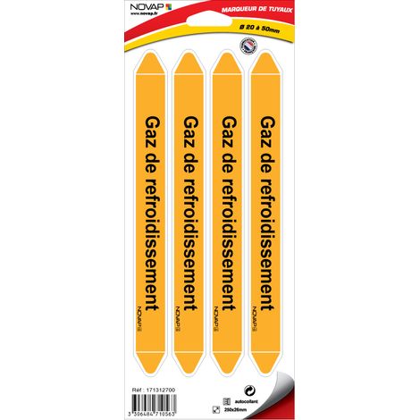 Planche de 4 marqueurs de tuyauterie 250 x 26 mm pour Ø 20 à 50 mm - Gaz de refroidissement - 4710563