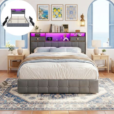 Lit Adulte 160x200 cm avec 4 Tiroirs de Rangement, Cadre de Lit Double en Velours, Tête de Lit avec Éclairage LED RGB, 2 Tiroirs et Ports USB/Type-C - Gris (1/5)
