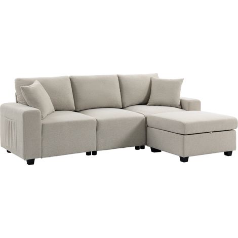 Divano Angolare 3 Posti in Tessuto Effetto Lino con Contenitore Poggiapiedi Rimovibile, 2 Cuscini, Beige (1/5)
