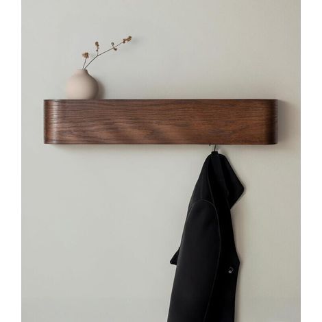 Porte-Manteau Mural Bois Design Moderne avec Crochets Muraux Cachés Panneau en Placage de Bois Massif Chêne, foncé (1/5)