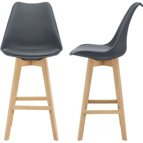 Lot de 2 tabourets de bar siège avec dossier et repose-pied rembourré plastique synthétique hêtre 105 cm gris (1/5)