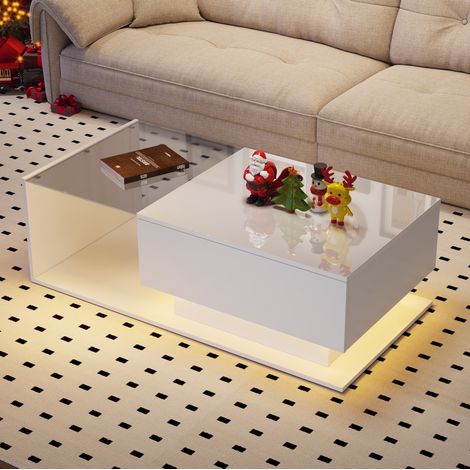MEUBLIV Couchtisch 100x50x32 cm weiß – mit LED, Glasplatte und Schublade (1/5)