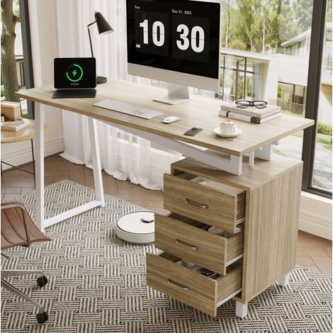 Bureau en MDF et acier 130 x 55 x 75 cm décor bois naturel et blanc avec 3 tiroirs (1/5)