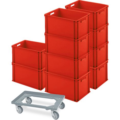 BRB 10er SPAR-Set Euro-Behälter PLUS Transportroller, 600x400x320 mm Industriequalität lebensmittelecht (rot/grau) (1/3)