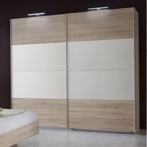 Pegane – Armoire de rangement imitation chêne 180x210x65 cm – 2 portes coulissantes – 2 penderies et compartiments de rangement
