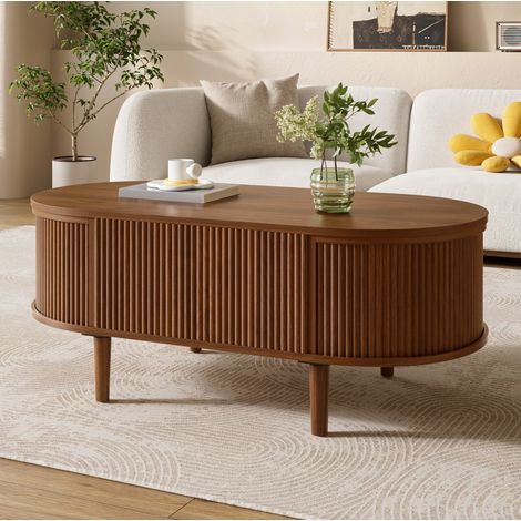 MODFU – Mesa de centro ovalada 100x48 cm con tablero elevable, almacenamiento y estructura de MDF/pino – Nogal (1/5)