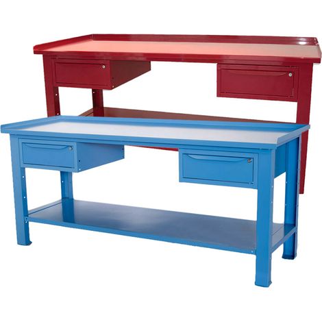 Banco da lavoro SOGI 2 metri con piano in acciaio portata 1000 kg + 2 cassetti - blu/rosso, ColoreBlu (1/5)