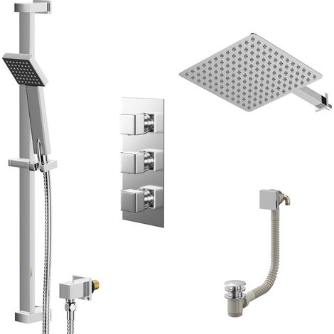 Cubix Polished Chrome Concealed Triple Thermostatic Shower Valve with Diverter and 300mm Square Head with 345mm Wall Arm and Thames Slide Rail Kit with Free-Flow Bath Filler - 3 Outlet (1/5)