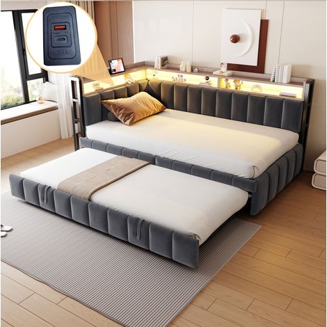 Divano letto estraibile 90/200 cm in velluto grigio con LED, USB e vano contenitore (1/5)