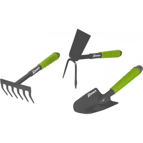 Lot 3 outils de jardinage, BMI, fleurs serfouette, rateau, transplantoir (1/4)