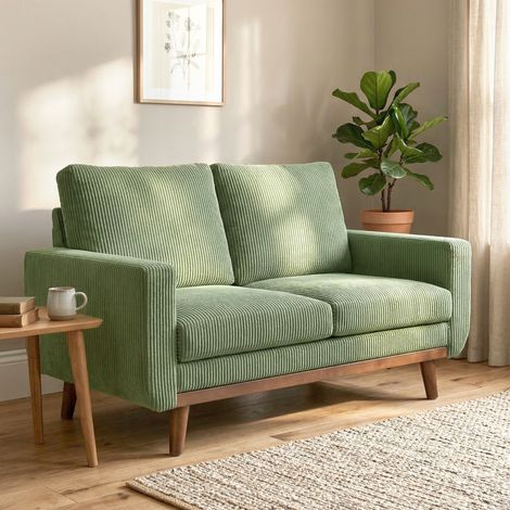 Canapé 2 places, 134 cm, en velours côtelé, ressorts ensachés, dossier épais, accent de lattes en bois, vert