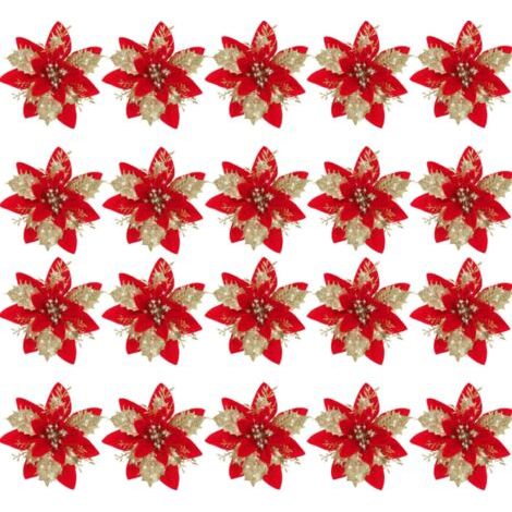 20er Set Künstliche Weihnachtsblumen mit Glitter-Pinzetten und Stielen – Dekoration für Weihnachtsbaum, Hochzeiten, Festlichkeiten und Kränze (1/4)