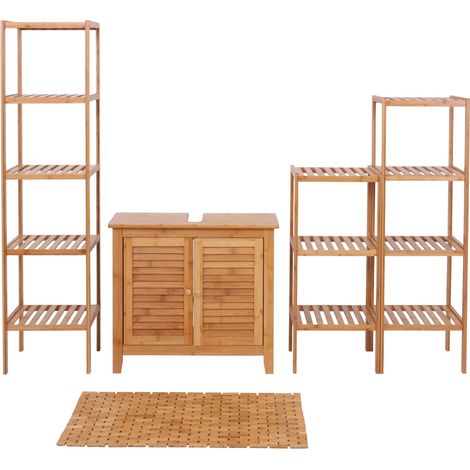 [JAMAIS UTILISÉ] Set complet de salle de bains HHG-550, Meuble Armoires Étagères Bambou