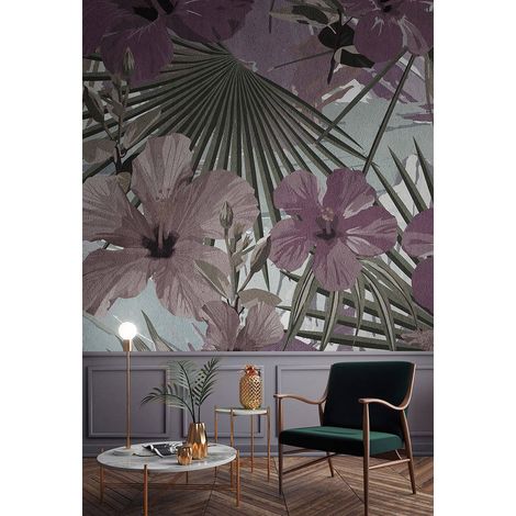 Papier peint panoramique floral hibiscus idéal hôtel | Tapisserie panoramique jungle rose et vert salon | Papier peint panoramique zen nature tendance - 270 x 400 cm (4 pièces) (1/5)