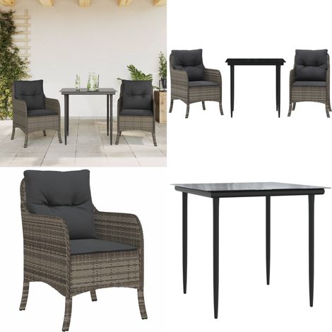 3-tlg. Garten-Essgruppe mit Kissen Grau Poly Rattan - Gartentisch - Gartenstuhl (1/5)