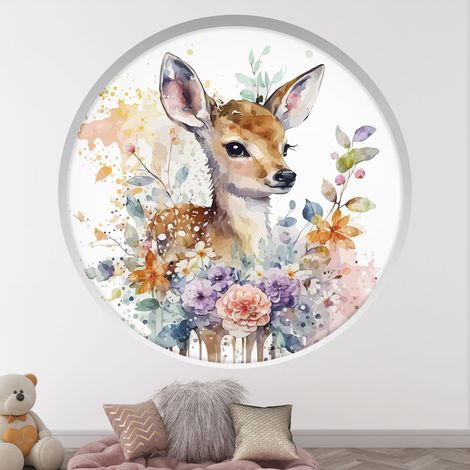 Stickers Trompe l'oeil Arche ronde Enfants - Faon fleurs - Diamètre 30 cm (1/4)