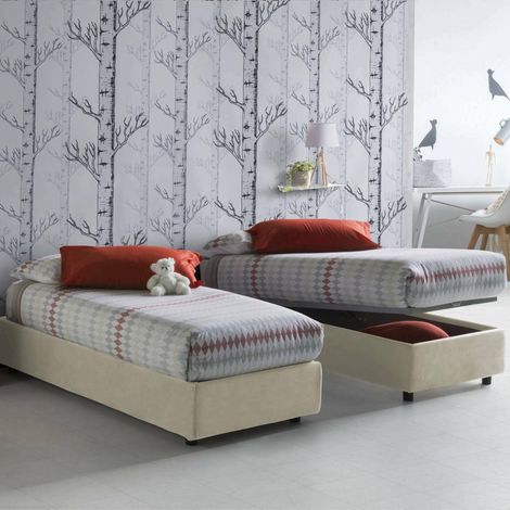 Talamo Italia Cama individual Laura, Cama contenedor con revestimiento de tela, 100% Made in Italy, Apertura frontal, adecuado para colchón Cm 90x200, Beige, con embalaje reforzado (1/4)