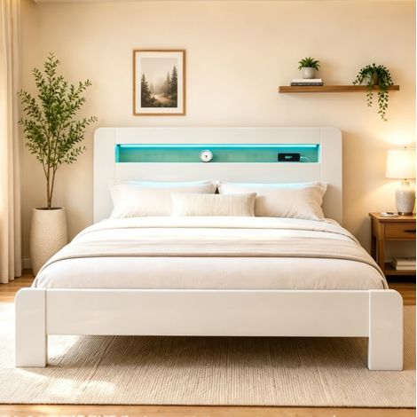 Lit plateforme blanc avec rangement tête de lit, LED et prises intégrées 180 x 200 cm (1/5)