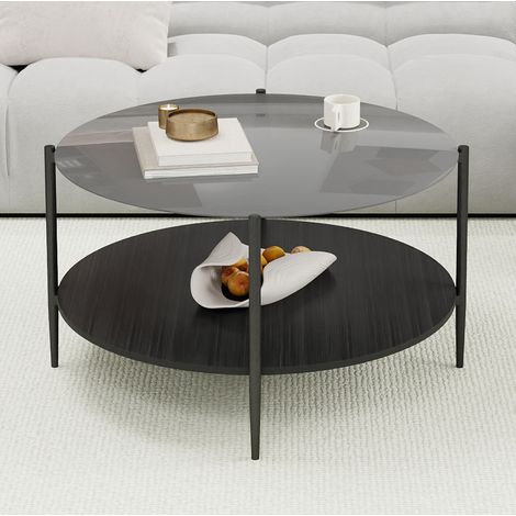 Table basse ronde noire en verre trempé et bois, 82 x 82 x 45 cm, OKWISH (1/5)