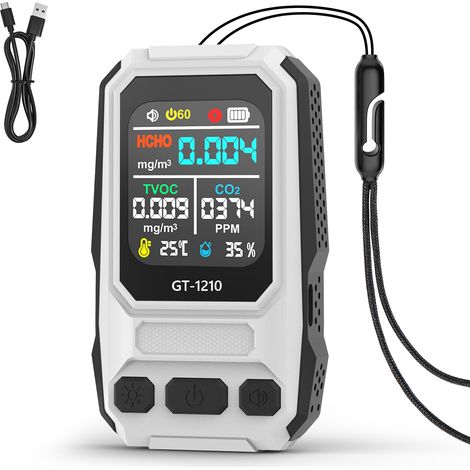 Medidor de calidad del aire portátil 5 en 1 con alertas sonoras y visuales, detector de CO2 recargable para el hogar, la oficina y el invernadero. (1/5)