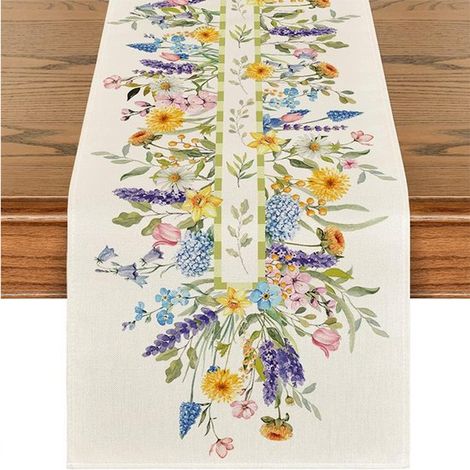 Camino de mesa, Camino de mesa de Pascua, Lino, comedor y fiestas, 33 x 183 cm, Margaritas amarillas, flores y hojas de lavanda (1/5)