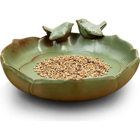 Bain d'oiseaux Résistant à l'hiver: 24cm Rond Baignoire pour Oiseaux, Grand Bain d'oiseaux avec 2 Oiseaux Décoratifs, Mangeoire pour Oiseaux Sauvages (Vert) (1/5)