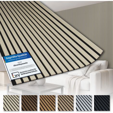 AKUSTIKO Lamella Akustikpaneele 280x60cm - flexible Filz MDF Wandpaneele fugenlos - überlappende Holz Lamellenwand - Akustik Wandverkleidung von HEXIM: White Ash - AK03, 2 Paneele - 3,36m²