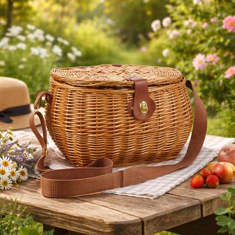 Panier champignon en osier Bombè avec bandoulière 34 x 25 x h 23 cm