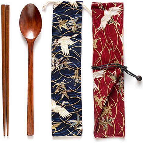 Couverts En Bois - Baguettes Et Cuillère Réutilisables - Pour Maison Bureau Voyage Camping Pique-Nique - Lot De 2 Pièces Avec 2 Housses (1/5)