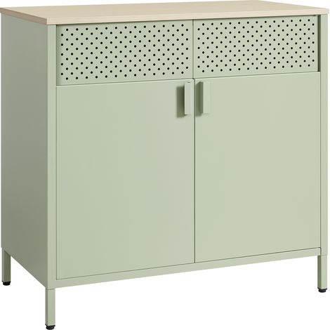 Songmics – Buffet en métal double porte – Cadre en acier – Dimensions 40 x 80 x 76 cm – Couleur vert laurier et chêne naturel – Facile à nettoyer