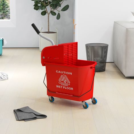 Cubo de fregona de 20 litros con escurridor y asa, cubo de fregona con ruedas, plástico, rojo