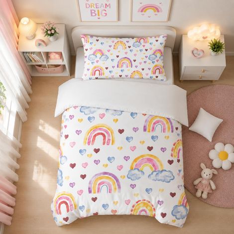 Parure de lit arc-en-ciel, 135 x 200 cm, en microfibre douce, avec fermeture éclair, respirante, motif arc-en-ciel, pour enfant, avec housse de couette de 80 x 80 cm, pour enfant fille (1/5)