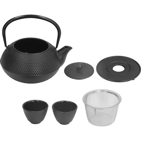 Théière en fonte avec 2 tasses 800ml gravure durable noir antique cadeau famille amis (1/5)