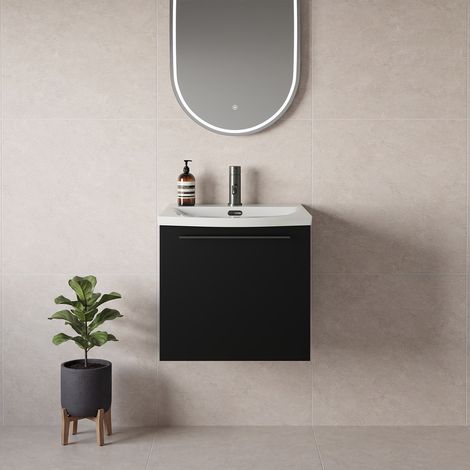 Napoli 390 Matt Black 500mm Wall Mounted Single Drawer Vanity Unit with Arc Basin - 500mm - Gunmetal Grey 320mm Handle