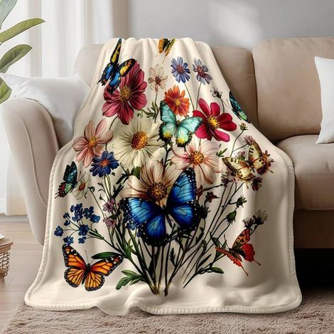 Decke mit Schmetterlings- und Wildblumenmotiven, weiche Vintage-Aquarell-Blumendecke in bunten Farben, 150x130 cm