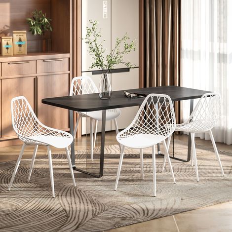 Juego de 4 sillas de comedor, sillas de cocina modernas con respaldo curvo y perforado y patas de metal, sillas de plástico para cocina, dormitorio y sala de estar, color blanco.
