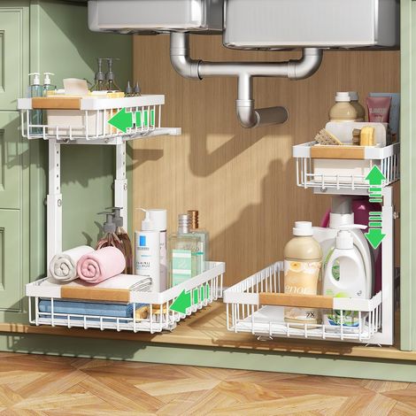 Lot de 2 Organisateurs Évier 2 Niveaux Tiroirs Coulissants Hauteur Réglable Rangement Cuisine Salle Bain