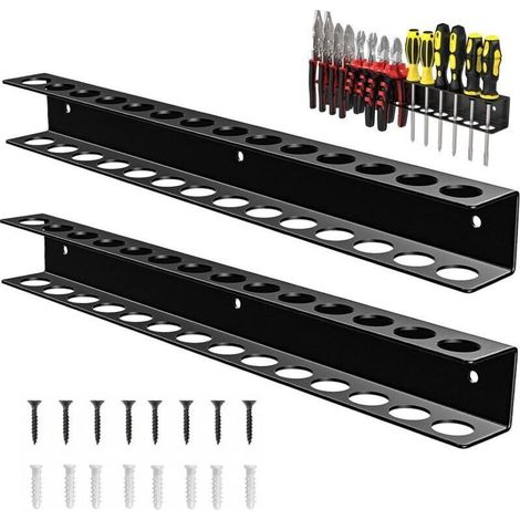 Porte-tournevis 2 pièces avec tubes d\'expansion et vis, organisateur mural à 14 trous pour outils de garage, atelier, étagère murale de 40 cm pour pinces, clés, marteau (noir) (1/4)
