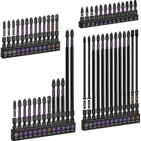 Lot de 52 Embouts de Vissage aux Chocs PZ1 PZ2 PZ3 25mm 50mm, Jeu d'embouts Magnétique pour Visseuse Tournevis Tige Hexagonale 1/4" S2 en Acier Allié avec 1 Porte-embout de 60mm (1/5)