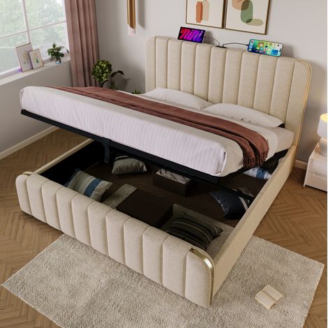 Letto contenitore 180x200 cm beige in lino con testiera imbottita e ricarica USB-C (1/5)