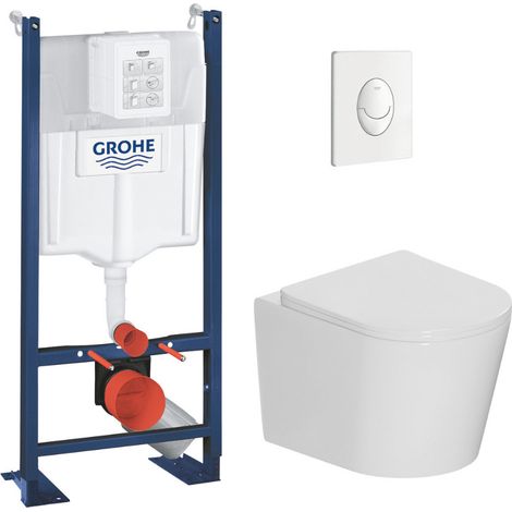 Grohe Pack WC bâti-support autoportant Rapid SL 1.13 M + WC sans bride Ceramia + abattant SoftClose + plaque blanche (PROCETOR3)