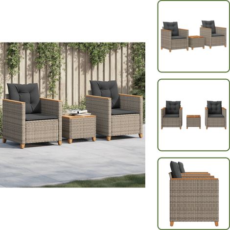 The Living Store 3-tlg. Bistro-Set mit Kissen Grau Poly Rattan Akazienholz - Gartentisch - Outdoor Möbel - Gartenmöbel - Bistro Set - Esstisch (1/5)
