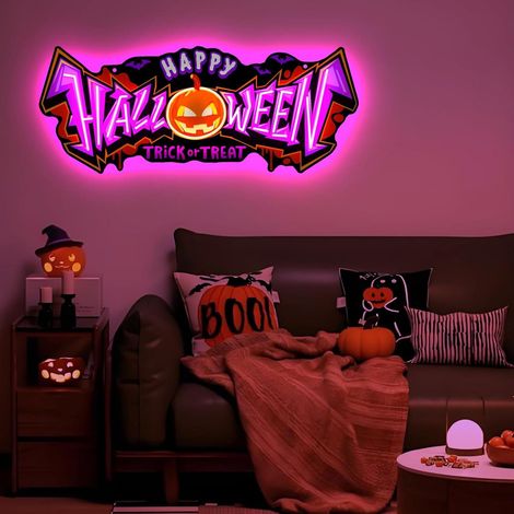 Set Panneau néon Happy Halloween pour décoration murale, lumières en forme de citrouille imprimées UV, avec (1/5)