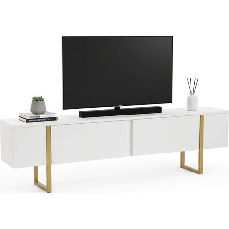 Mobile porta TV Gussola, Credenza da soggiorno, Armadio basso per TV, Base parete attrezzata, 180x30 h50 cm, Bianco e oro\