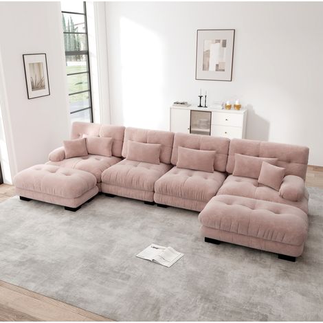 Divano modulare a U 406x145x81 cm chenille rosa con ottomana mobile per grandi salotti – MEUBLIV (1/5)
